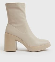 New Look Off White Leather-Look Chunky Block Heel Sock Boots